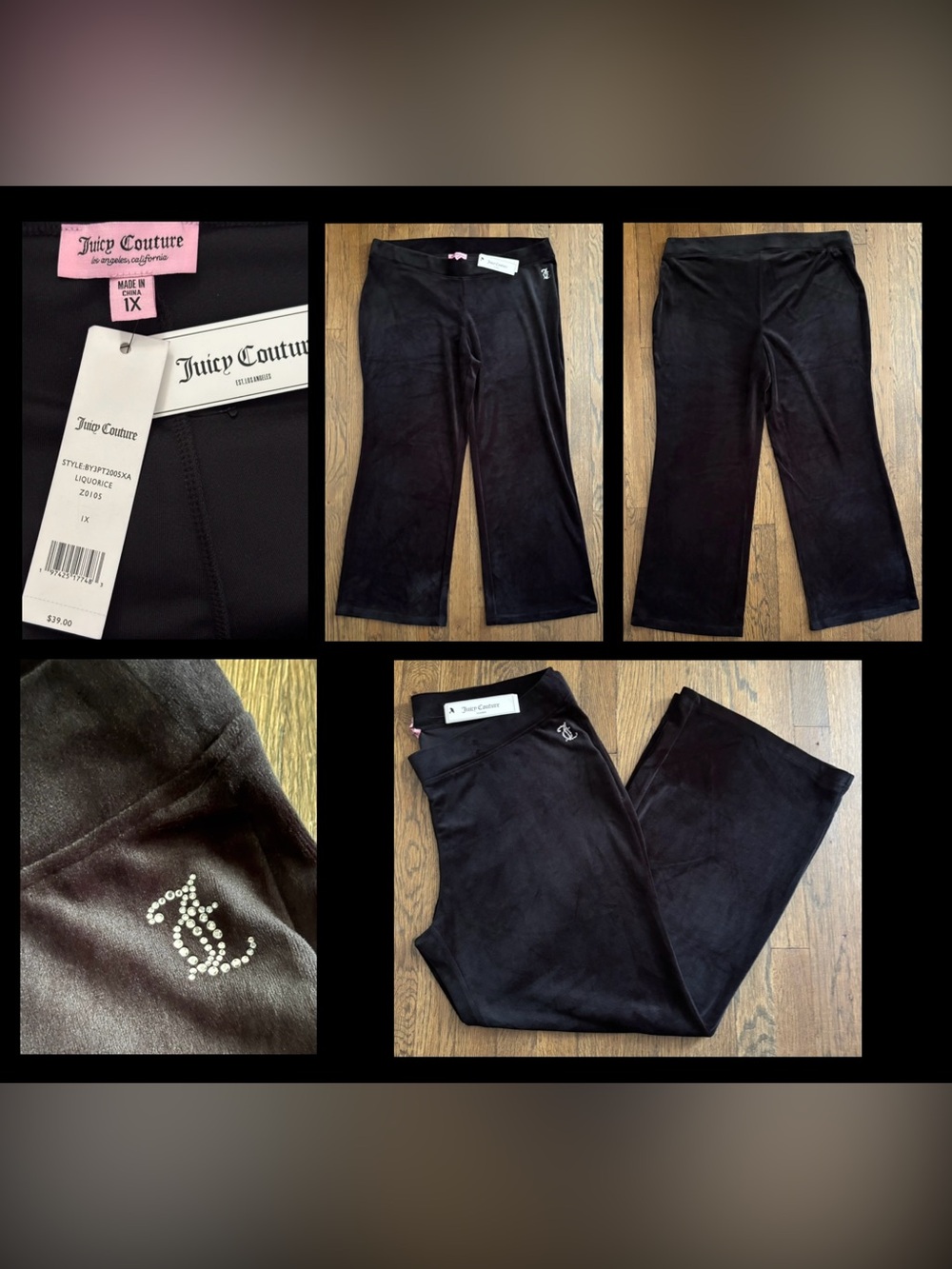NWT Juicy Couture Black Velour Wide Leg Lounge Pants Rhinestone JC